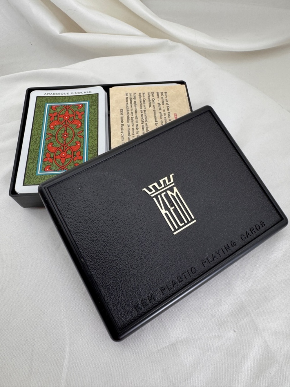 Vintage KEM Arabesque Pinochle Double Deck Playing Cards Black Case Mid-Century